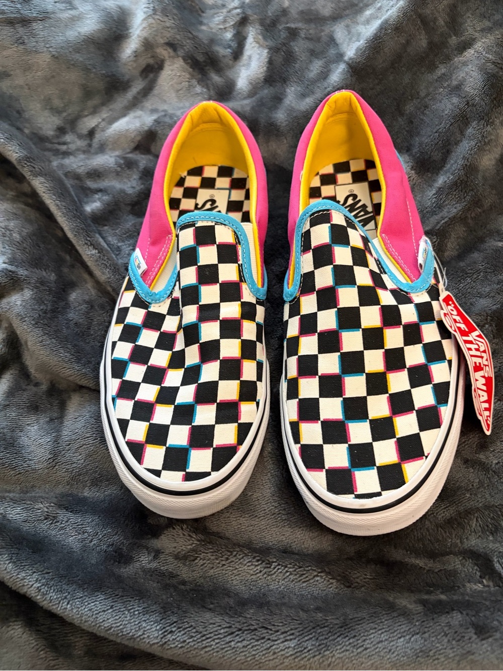 Vans Slip-On Checkerboard Sneakers in Black, White, Pink, Yellow & Blue